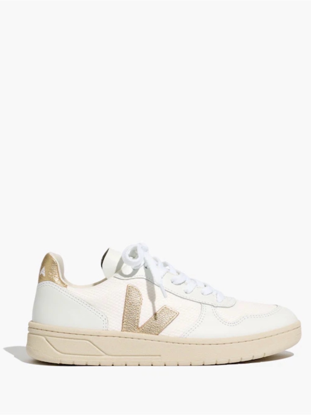 Veja™ V-10 Lace-Up Sneakers in White with Gold Accents sz 36